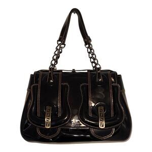 Authentic Fendi B Bag Karl Lagerfeld Black Patent Leather Shoulder Satchel Purse